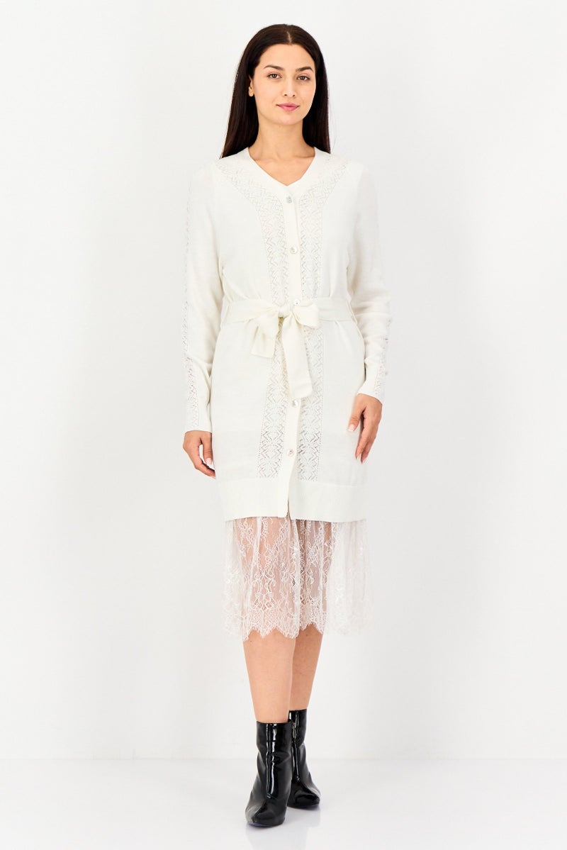 SELECTED Women 2 Pieces Knitted Belted Mini Dress Set, White - Image 1