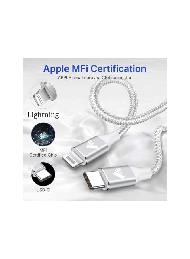 Aioneus كابل C إلى Lightning بطول 2 متر، قطعتان، كابل شاحن iPhone مزود بمصدر طاقة، معتمد من MFi، كابل شحن iPhone سريع مضفر، متوافق مع iPhone 13 12 Pro Max Mini X XS XR 11 Pro 8 Plus 10 7 6 SE، iPad - Image 2