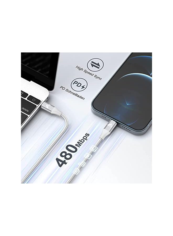 Aioneus كابل C إلى Lightning بطول 2 متر، قطعتان، كابل شاحن iPhone مزود بمصدر طاقة، معتمد من MFi، كابل شحن iPhone سريع مضفر، متوافق مع iPhone 13 12 Pro Max Mini X XS XR 11 Pro 8 Plus 10 7 6 SE، iPad - Image 4