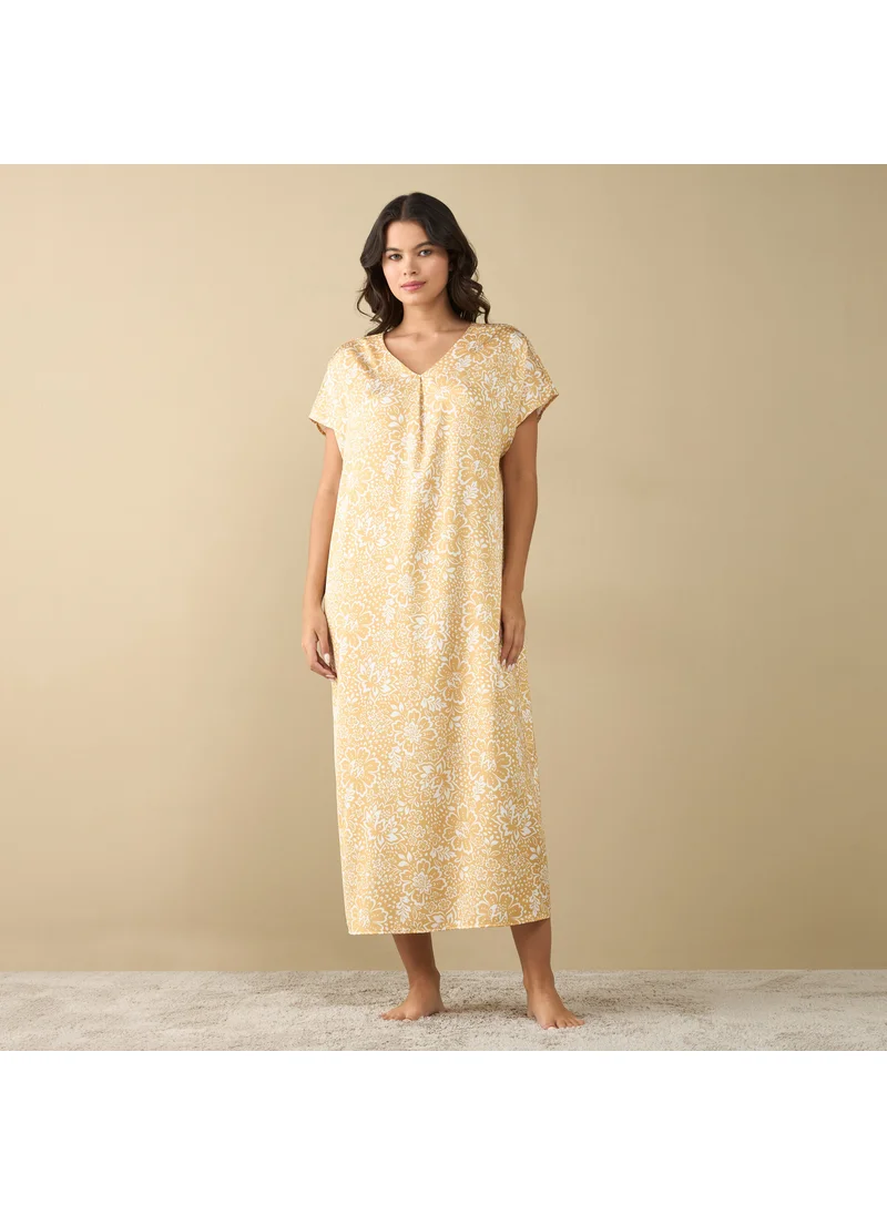 FAV All-Over Floral Print Night Gown with Short Sleeves
