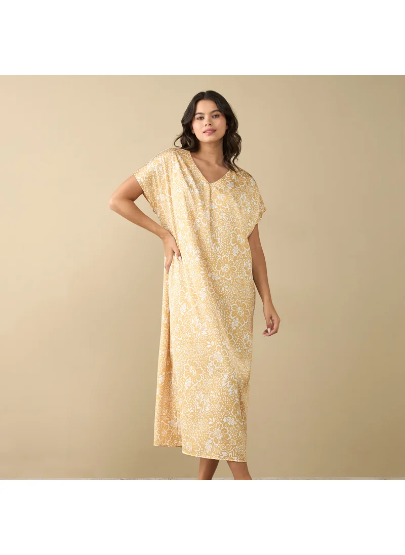 FAV All-Over Floral Print Night Gown with Short Sleeves