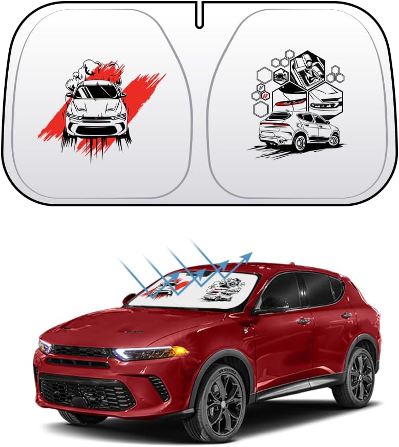 uuakarin Car Windshield Sun Shade with Unique Logo Compatible for Dodge Challenger Charger Hornet Blocks UV Rays Sun Visor Protector Front Window Sunshade Visor Accessories (Honeycomb, Hornet) - Image 1