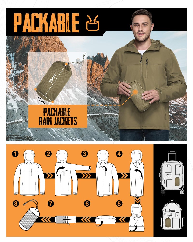 33,000ft Men's Packable Rain Jacket Lightweight Rain Shell Jacket with Hood Waterproof Raincoat for Cycling - Image 2