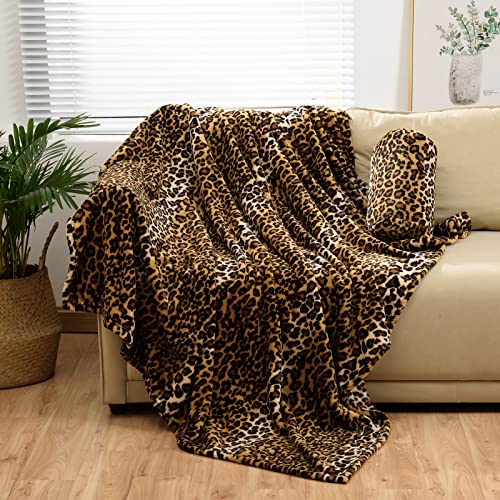 Bnuitland Leopard Print Fleece Flannel Throw Blanket with Storage Pouch for Bed Sofa Travel, 300 GSM Double Sided Super Soft Fuzzy Fluffy Cheetah Print Blanket for Adults and Kids, 50×60 inch - Image 1