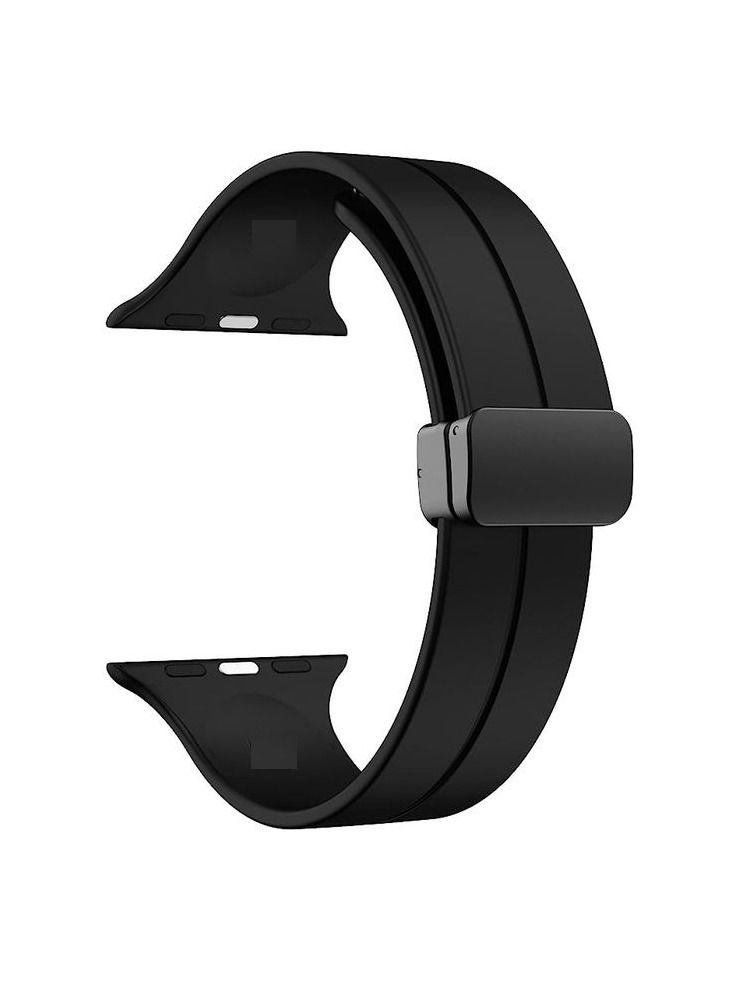 For Apple Watch 42/44mm SE Series - D-Shape Magnetic Clasp Silicone Replacement Sport Wristband Band - Black - Image 1