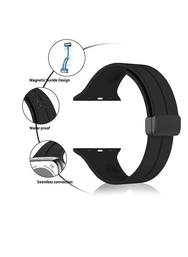 For Apple Watch 42/44mm SE Series - D-Shape Magnetic Clasp Silicone Replacement Sport Wristband Band - Black - Image 4