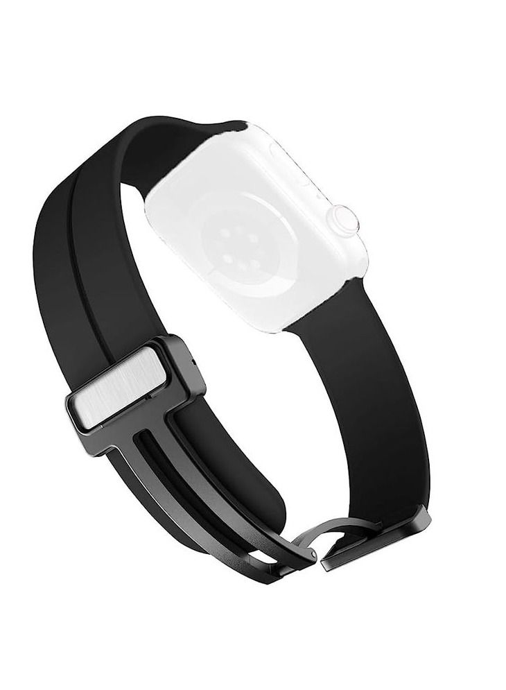 For Apple Watch 42/44mm SE Series - D-Shape Magnetic Clasp Silicone Replacement Sport Wristband Band - Black - Image 3