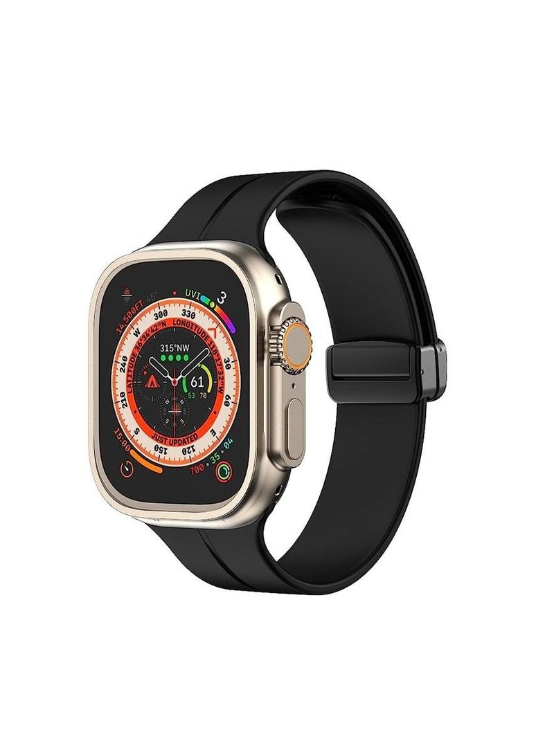 For Apple Watch 42/44mm SE Series - D-Shape Magnetic Clasp Silicone Replacement Sport Wristband Band - Black - Image 2