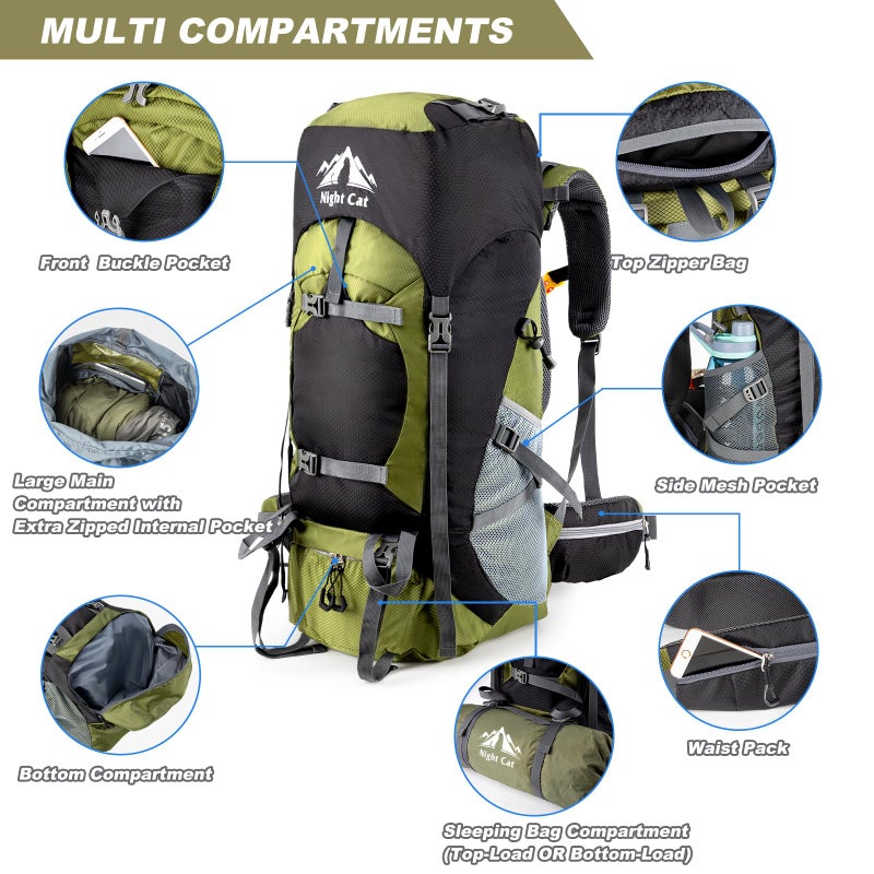 Night Cat Hiking Backpacks 70L Camping Backpacking Packs for Men Women Lightweight Outdoor for Mountaineering Traveling, No Internal Frame - Image 4