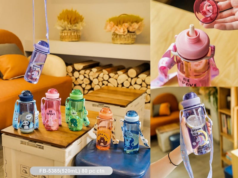 TEMSON Cute Water Bottle for Kids – Cartoon Animal Design Sipper Bottle with Straw and Adjustable Strap Stylish Water Bottle with Sipper, School Water Bottle for Kids – 520 ML(FB-5385) (Pink) - Image 2
