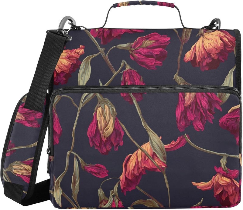 Withered Flowers Retro Red 3 Rings 1.5 inch School Zipper Binder with Handle and Removable Shoulder Strap Laege Capacity Portable Home Travel Safe Storage Bag Suitable for Middle School - Image 2