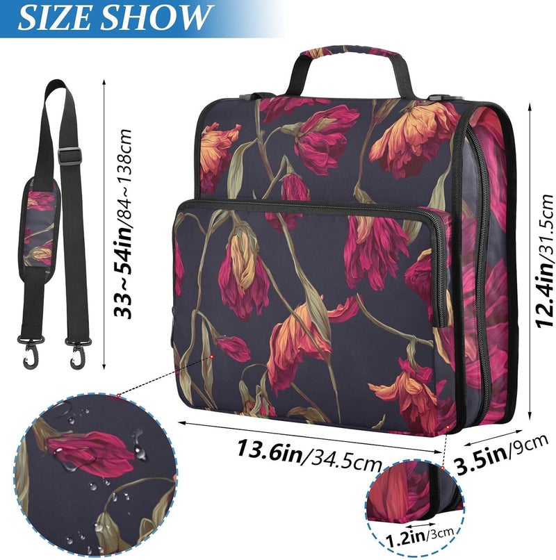 Withered Flowers Retro Red 3 Rings 1.5 inch School Zipper Binder with Handle and Removable Shoulder Strap Laege Capacity Portable Home Travel Safe Storage Bag Suitable for Middle School - Image 3
