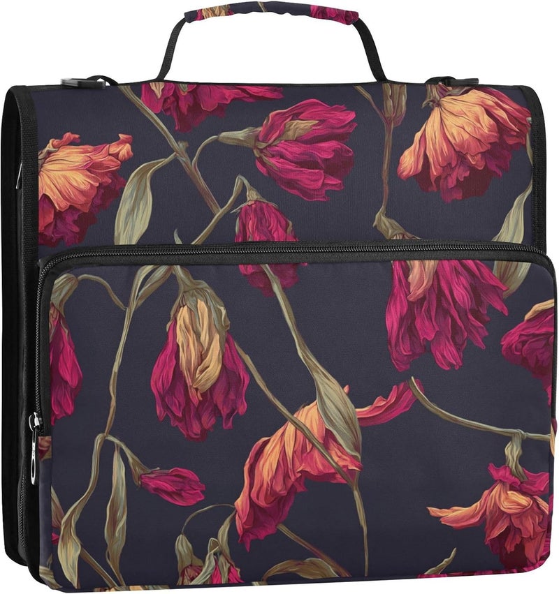 Withered Flowers Retro Red 3 Rings 1.5 inch School Zipper Binder with Handle and Removable Shoulder Strap Laege Capacity Portable Home Travel Safe Storage Bag Suitable for Middle School - Image 1