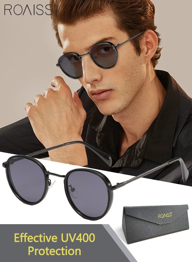 رويس نظارات شمسية مستديرة للرجال والنساء، نظارات شمسية بحماية UV400 وإطار معدني، نظارات شمسية عصرية مضادة للوهج للرجال للقيادة والصيد والسفر، لون أسود، 52 مم - Image 1
