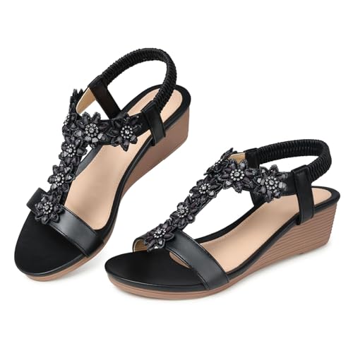 SHIBEVER Wedge Sandals for Women Dressy Black Size 7 Summer Comfort Rhinestone Dress Sandals Comfortable Casual Low Wedges Womens Sandal