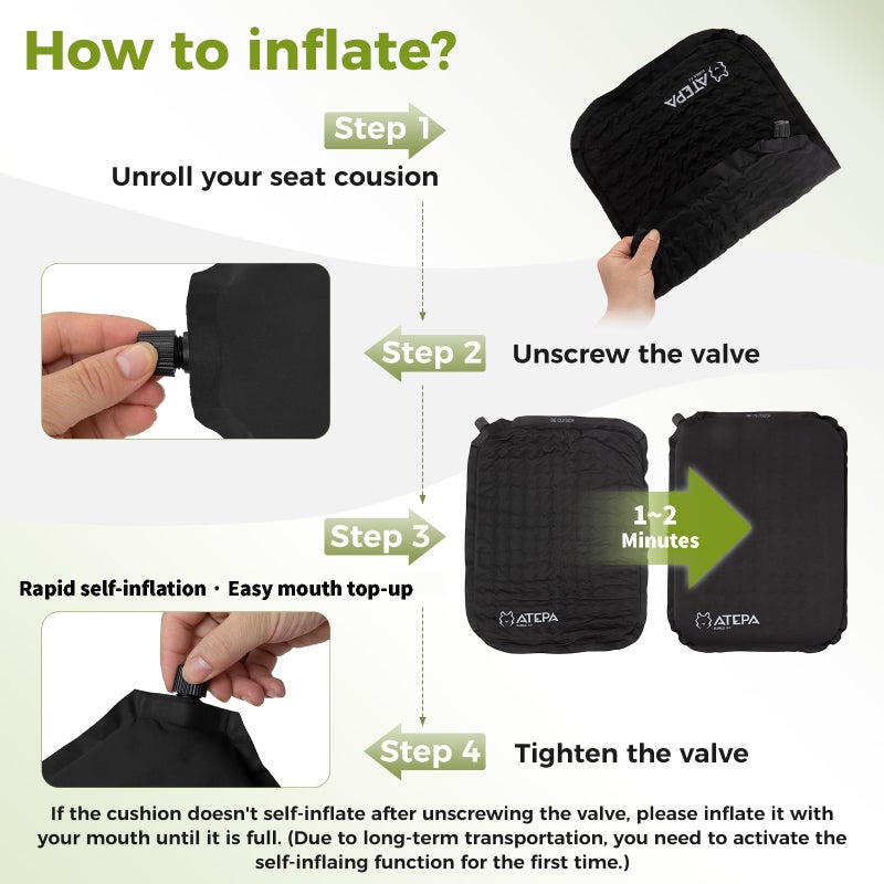 ATEPA Inflatable Seat Cushion, Self-Inflating Portable Stadium Airplane Travel Foam Cushion Pad for Camping, Sports Events, Outdoor, Black - Image 5