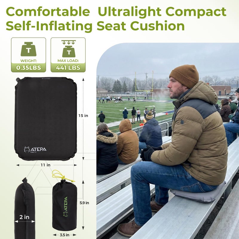 ATEPA Inflatable Seat Cushion, Self-Inflating Portable Stadium Airplane Travel Foam Cushion Pad for Camping, Sports Events, Outdoor, Black - Image 4