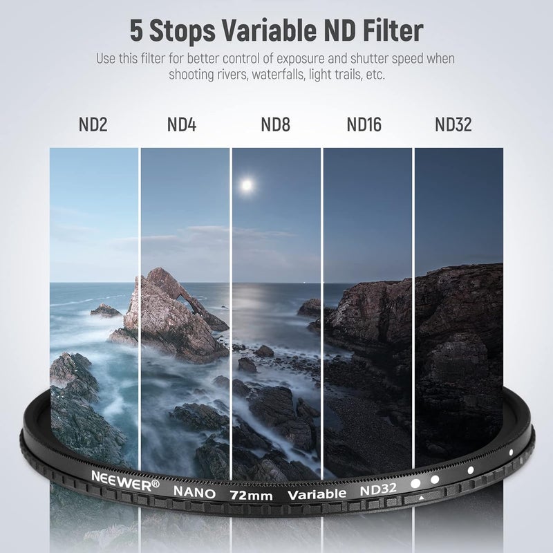 Neewer Neewer 72mm Variable ND Filter ND2 to ND32 Adjustable Neutral Density Camera Lens Filter with HD Optical Glass Nano Coating and Slim Frame - Image 3