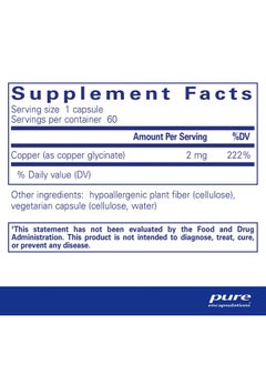 بيور إنكابسيليشن Pure Encapsulations Copper Glycinate 60's - مكمل النحاس 2 ملغ، يدعم تكوين خلايا الدم الحمراء* - يساعد في عملية التمثيل الغذائي للطاقة - غير معدل وراثيًا ونباتي - 60 كبسولة  - Image 2
