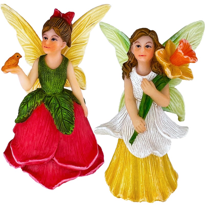Mood Lab Fairy Garden  Miniature Fairy Figurines  Flower Girls Set of 2 pcs  Narcissus  Rose Fairies Accessories Statue Kit