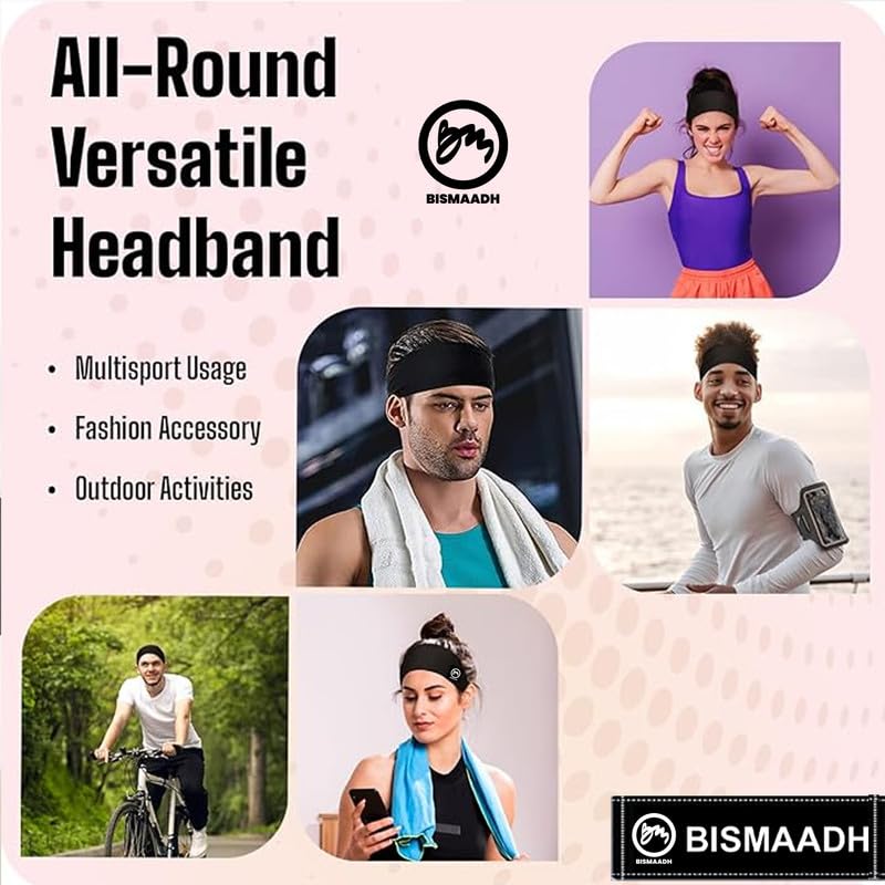 BISMAADH Men's Spandex Headband Sweatband & Sports Headband for Running, Cycling, Yoga, Exercise - Stretchy & Moisture Wicking Free Size - Image 3
