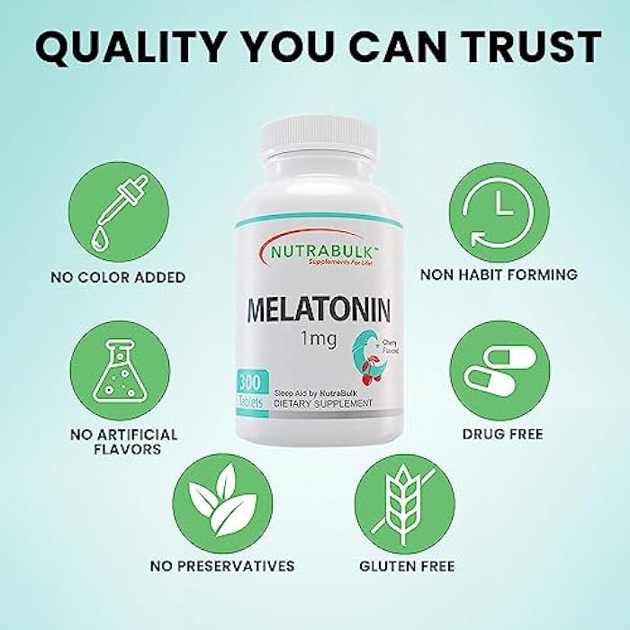 NutraBulk 1mg Melatonin - 1 mg Melatonin for Adults - Cherry Flavored Chewable Tablets - Fast Dissolve - Low Dose Non-Habit Forming Sleep Support - Made in USA -300 Count - Image 3