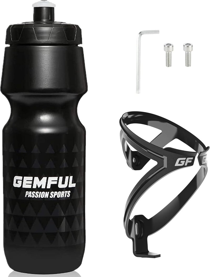 GEMFUL Cycling Water Bottle and Cage Combo - 24oz BPA-Free Squeeze Bottle with Lightweight Holder for Road, Mountain & Gravel Bikes - Image 1