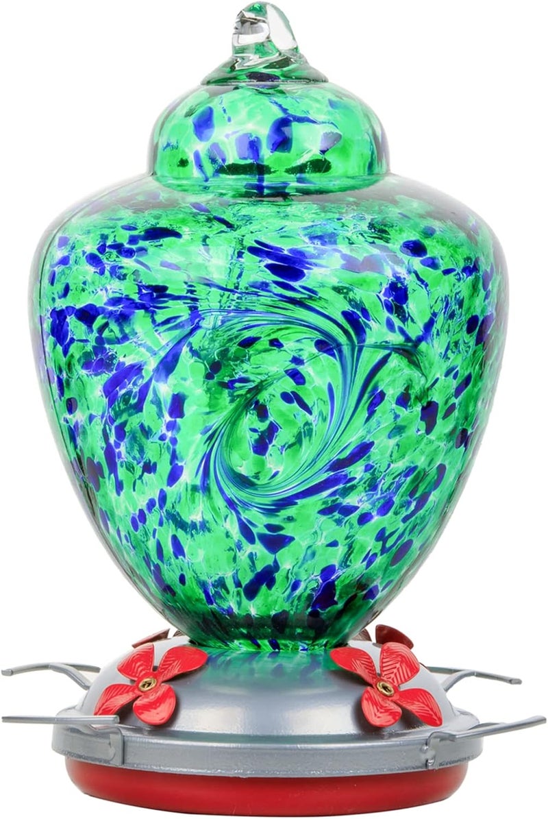 REZIPO Hummingbird Feeder with Perch - Hand Blown Glass - Orange - 38 Fluid Ounces Hummingbird Nectar Capacity Include Hanging Wires and Moat Hook (Purple-Spiral) - Image 1