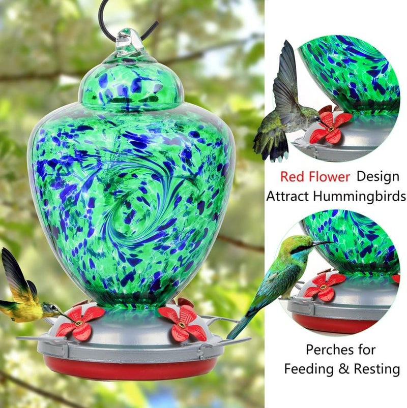REZIPO Hummingbird Feeder with Perch - Hand Blown Glass - Orange - 38 Fluid Ounces Hummingbird Nectar Capacity Include Hanging Wires and Moat Hook (Purple-Spiral) - Image 3