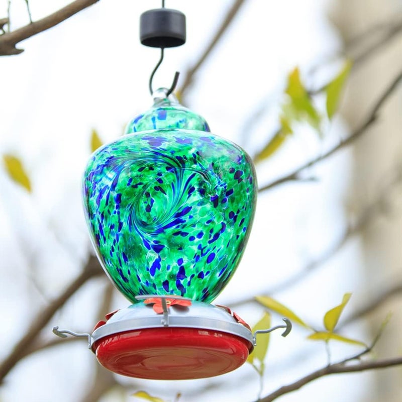 REZIPO Hummingbird Feeder with Perch - Hand Blown Glass - Orange - 38 Fluid Ounces Hummingbird Nectar Capacity Include Hanging Wires and Moat Hook (Purple-Spiral) - Image 2