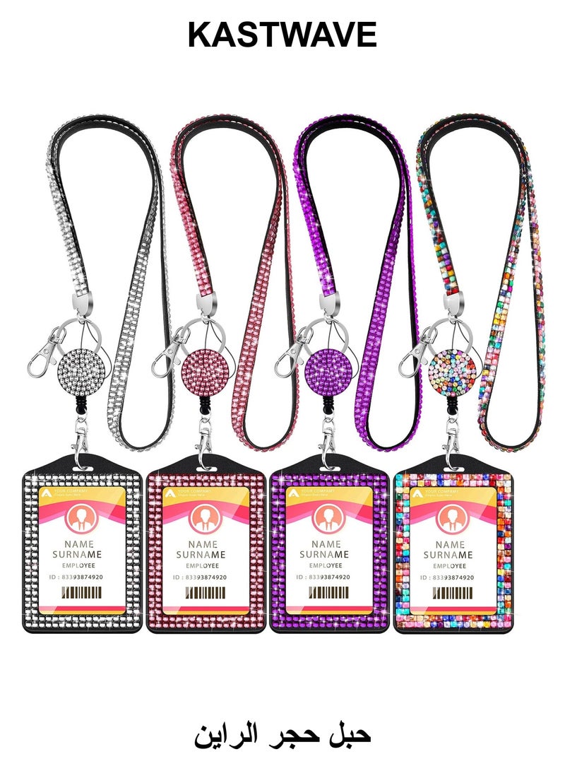 KASTWAVE Rhinestone Lanyard Sparkling ID Card Holder, 4 Pcs Crystal Retractable Badge Reel Rhinestone Neck Lanyard Card Holder with Metal Clasp and Key Ring for Women Nurse Teacher - Image 1