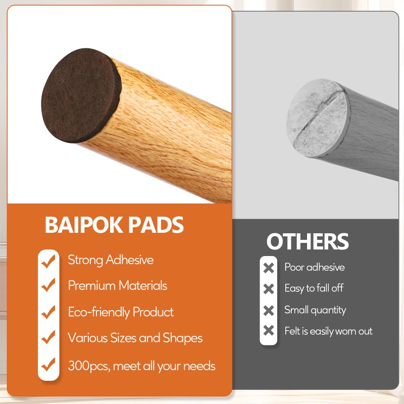 BAIPOK Furniture Pads Felt Pads 300 Pieces Huge Pack Furniture Felt Pads, Self Adhesive Anti Scratch Floor Protectors for Furniture on Hardwood Tile Floor, with 60 Cabinet Door Bumpers, Brown - Image 2