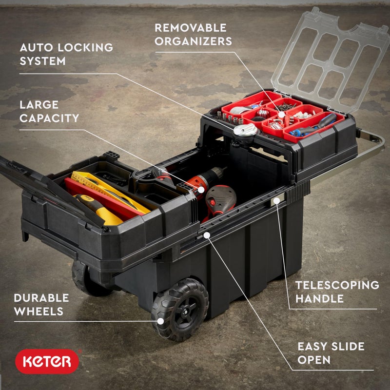 Keter Masterloader Resin Rolling Tool Box with Locking System and Removable Bins â€“ Perfect Organization and Storage Chest for Power Drill, Tape Measure, and Screwdriver Set, Black - Image 2