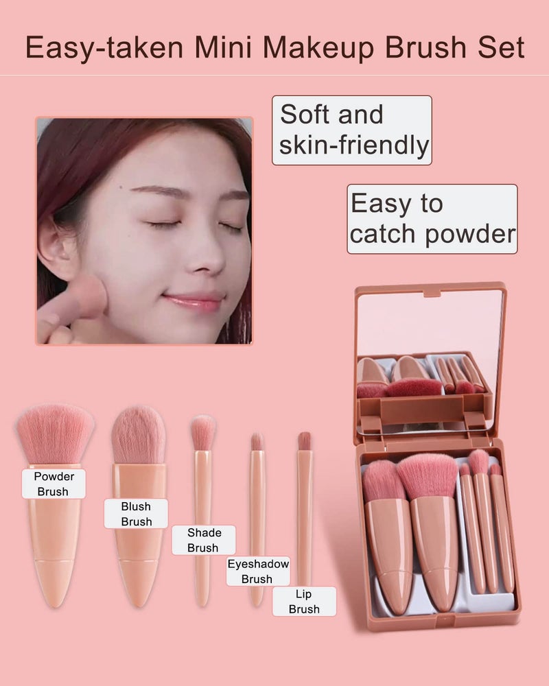 CEUTA Travel Size Makeup Brushes Mini Set with Hard Case and Built-in Mirror, 5Pcs Small Cosmetic Brushes, On the Go Brush Travel Essentials kits for Women, Girls Gift - Multi Color - Image 5