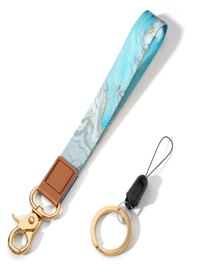 Hsxnam Wrist Lanyard Key Chain, Cute Wristlet Strap Keychain Holder for Women Men Car Keys ID Badges Card Wallet Phone Camera, White Blue Marble - Image 1