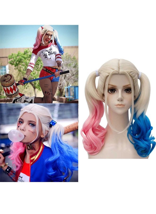 ZVEV Harley Quinn Wig for Women, Curly Ponytails Cosplay Wig, Costume Party Cosplay Wig for Girls,Kids (Pink and Blue)  - Image 1
