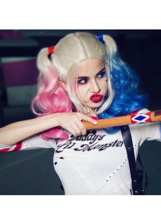 ZVEV Harley Quinn Wig for Women, Curly Ponytails Cosplay Wig, Costume Party Cosplay Wig for Girls,Kids (Pink and Blue)  - Image 3