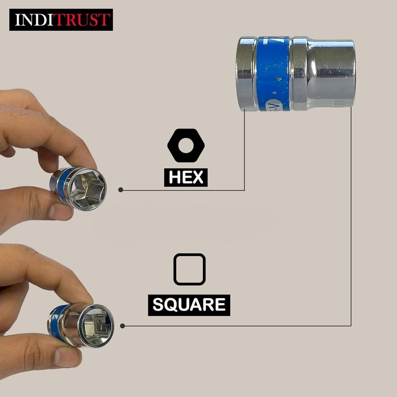 Inditrust طقم أدوات 12 في 1 مجموعة مفاتيح صمولة 1/2 كروم فاندوم تركيبة مفاتيح صمولة مع مفتاح ربط مجموعة أدوات إصلاح السيارات - نهاية مربعة ثابتة ونهاية سداسية - Image 4