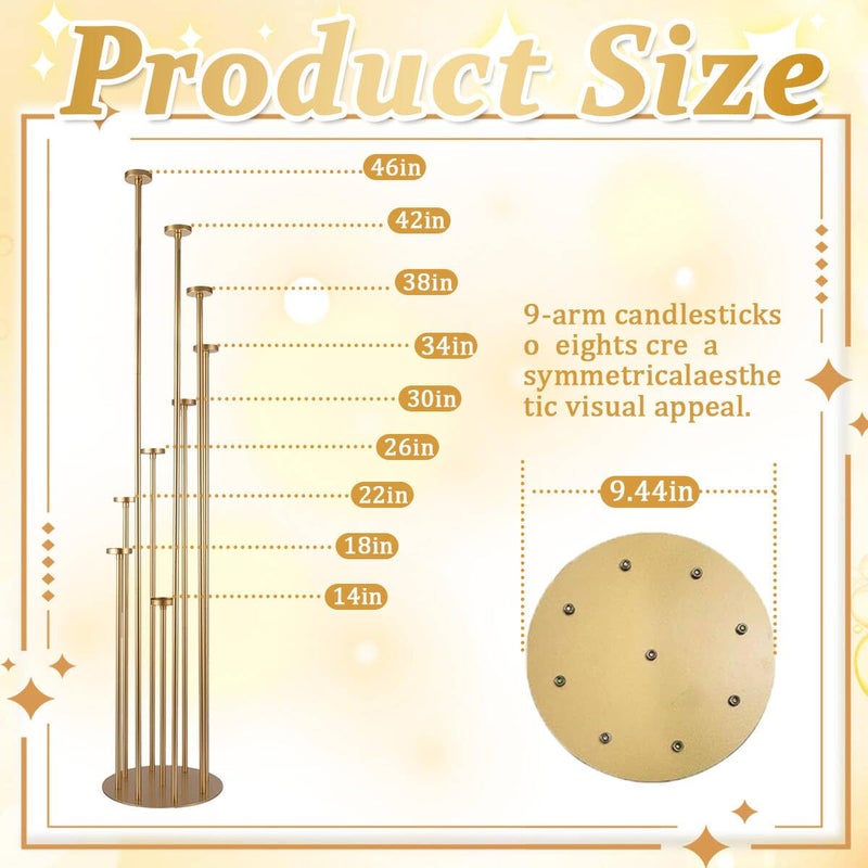 Fullvaseer 2pcs 9 Arm Candelabra,Floor Candle Holders Tall Set for Wedding Aisle Decoration,Gold Candelabras for Fireplace,Candle Stand Fit for Flameless or Wax - Image 2