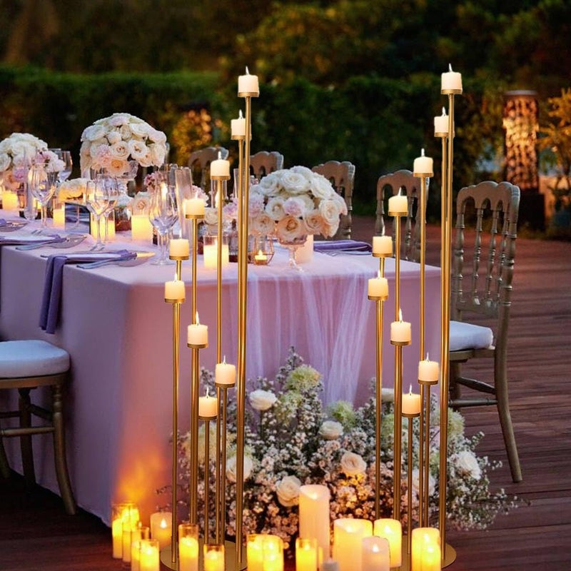 Fullvaseer 2pcs 9 Arm Candelabra,Floor Candle Holders Tall Set for Wedding Aisle Decoration,Gold Candelabras for Fireplace,Candle Stand Fit for Flameless or Wax - Image 3