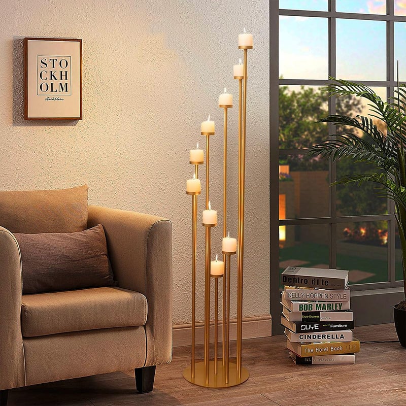 Fullvaseer 2pcs 9 Arm Candelabra,Floor Candle Holders Tall Set for Wedding Aisle Decoration,Gold Candelabras for Fireplace,Candle Stand Fit for Flameless or Wax - Image 4