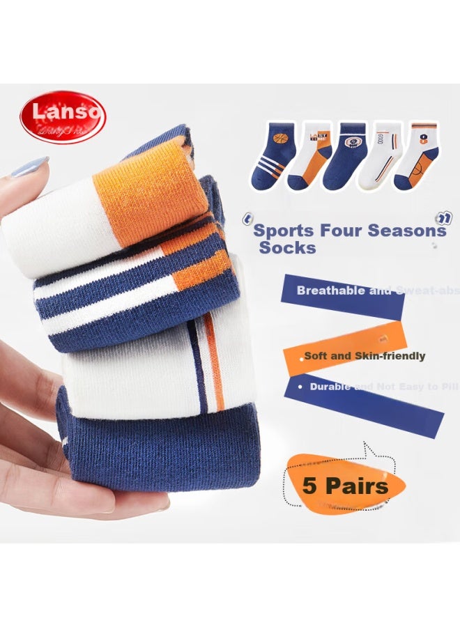 LANG SHA Langsha Children's Socks Boys' Mid-tube Cotton Socks For Four Seasons, Casual Sports Short Socks For Older Children, 5 Pairs Pack XL - Image 2
