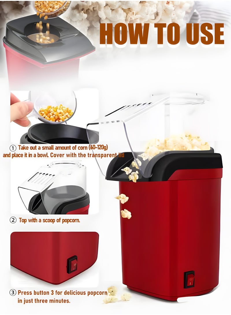 BIG MAX Popcorn Maker, 1200W, Oil-Free Popcorn Maker, Compact Format, Quick Ready in 3 Minutes, Multifunctional Measuring Cup, Hot Air Cooking, 1L Capacity, Red - Image 4