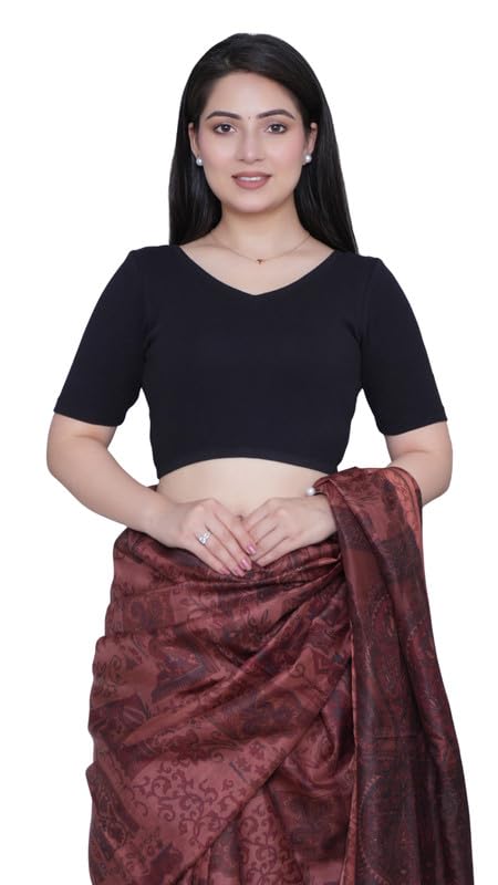 Mlada Store Mlada V-Neck Stretchable Saree Blouse Top for Women | Slim Fit Short Sleeves Solid Cotton Blouses | Readymade Saree Blouses for Women Festive & Ethnic | Blouse Crop Top - Image 1