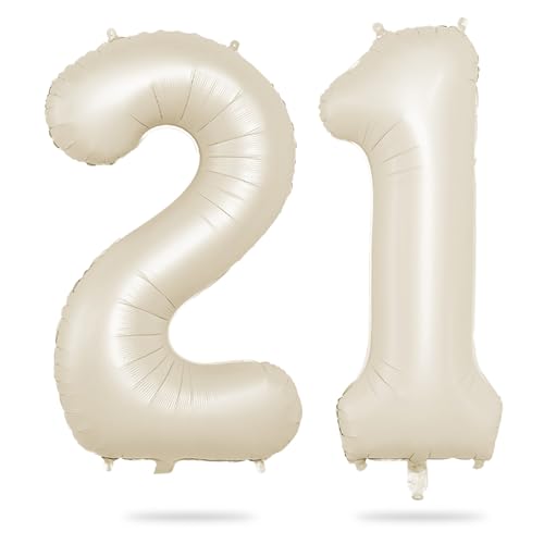 Biapian 40 Inch Cream Number 21 Balloon 21st Birthday Balloons Big Digital 21 or 12 Beige White Giant 21 Foil Balloon Helium for 12th 21st Birthday Decorations Anniversary Baby Shower Party Supplies - Image 1