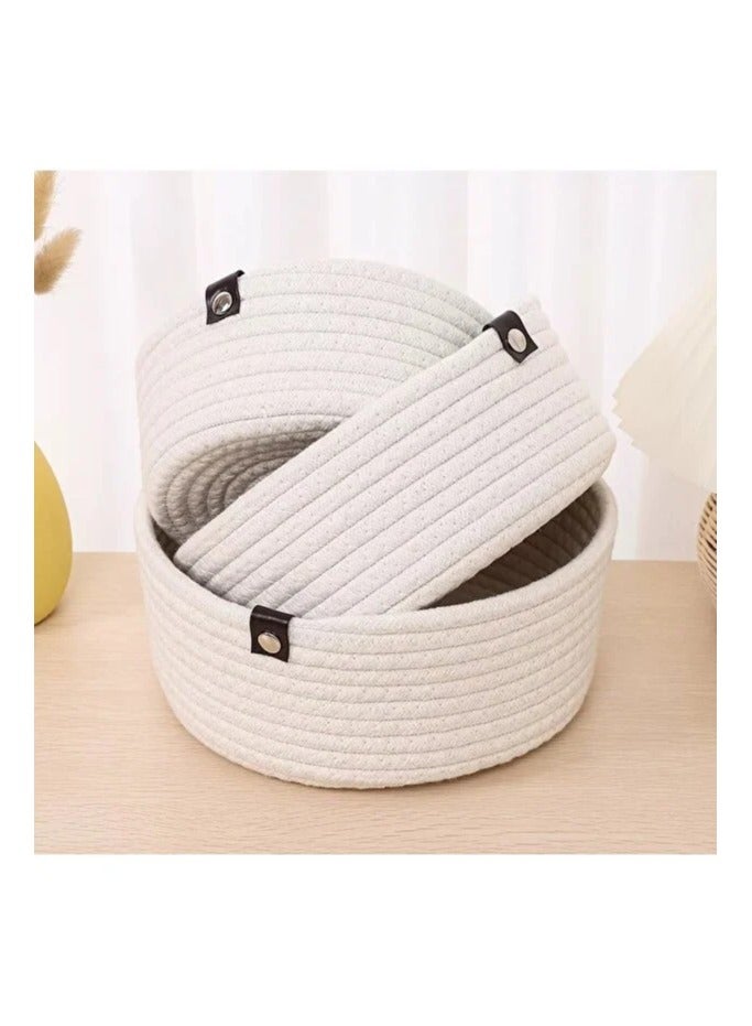 طقم من 3 سلال تخزين مصنوعة من الحبل مضفرة لتنظيم، سلة تخزين مصنوعة يدويًا من حبل قطن سميك، سلال قوية لتنظيم ألعاب الأطفال (أبيض فاتح) - Image 1