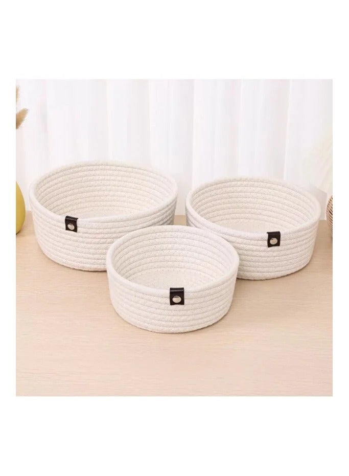 طقم من 3 سلال تخزين مصنوعة من الحبل مضفرة لتنظيم، سلة تخزين مصنوعة يدويًا من حبل قطن سميك، سلال قوية لتنظيم ألعاب الأطفال (أبيض فاتح) - Image 2