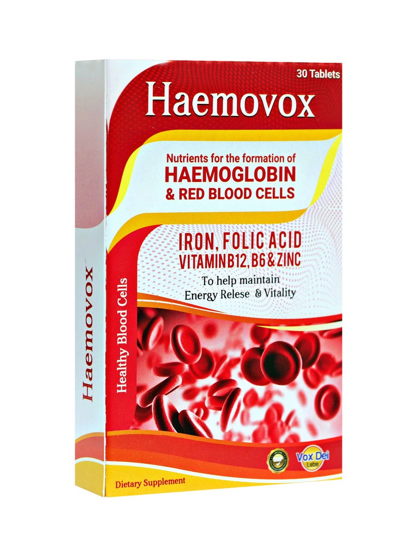 Vox Dei Labs - Haemovox Tablets – Nutrient Support for Hemoglobin & Red Blood Cell Formation | Iron, Folic Acid, Vitamin B12, B6 & Zinc | 30 Tablets - Image 1