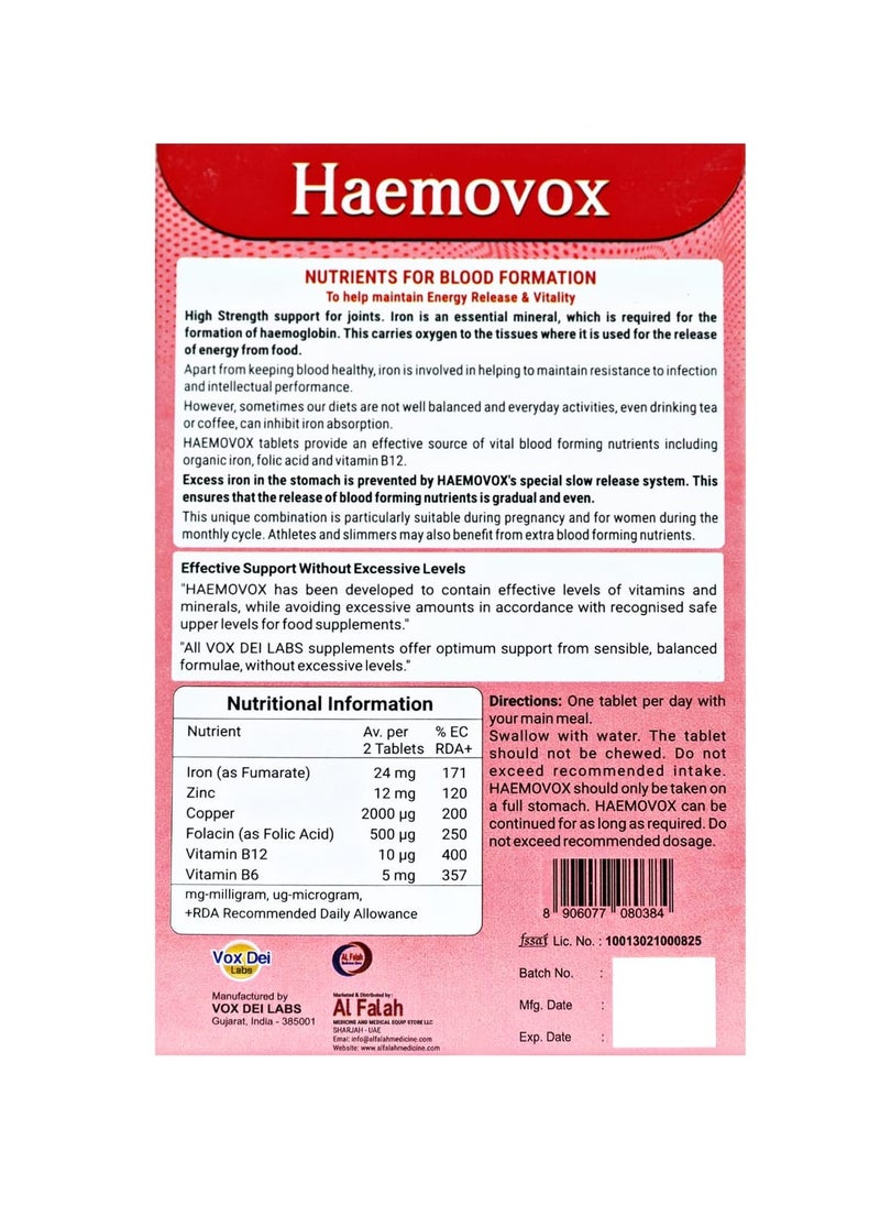 Vox Dei Labs - Haemovox Tablets – Nutrient Support for Hemoglobin & Red Blood Cell Formation | Iron, Folic Acid, Vitamin B12, B6 & Zinc | 30 Tablets - Image 1