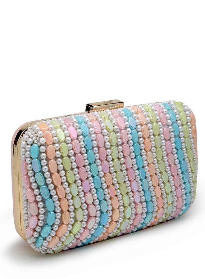 Anekaant Adorn Pastel Multi Wave Embellished Faux Silk Clutch - Image 5
